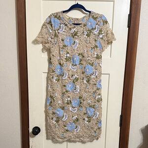Elegant Calvin Klein Lace Floral Dress in Blue and Cream